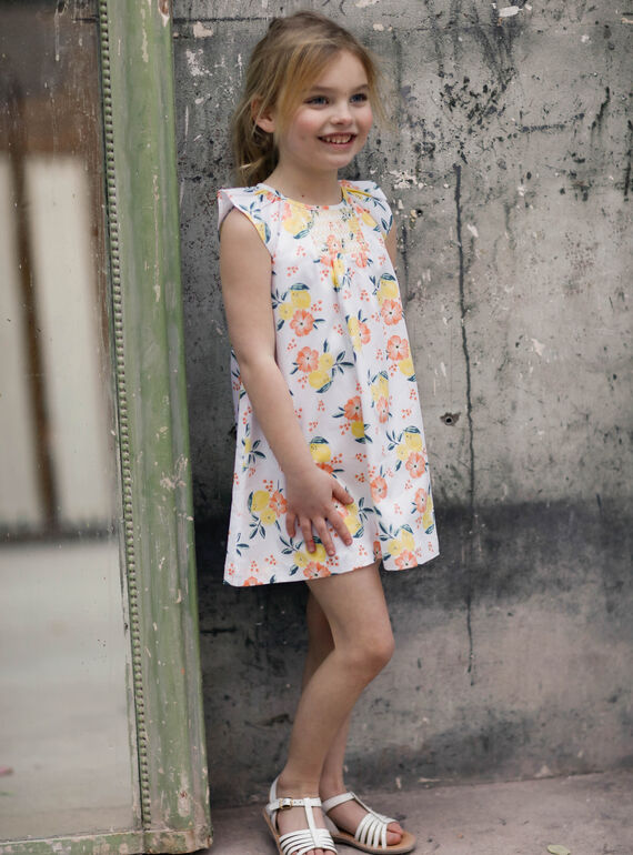 Robe évasée blanche imprimés citrons et fleurs enfant fille ZICITETTE / 21E2PFO1ROB000