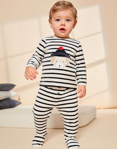 Pyjama deux pièces beige clair chiné en velours avec broderie tête de chien FEDOUDOU / 23E5BG21PYJA011