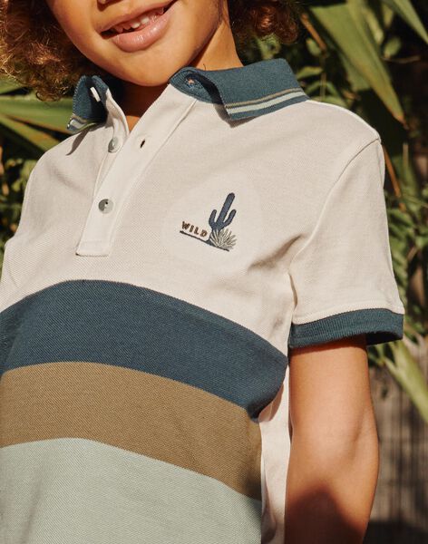 Polo piqué écru à rayures bleu marine, gris et kaki FLAPOLAGE / 23E3PGO1POL001