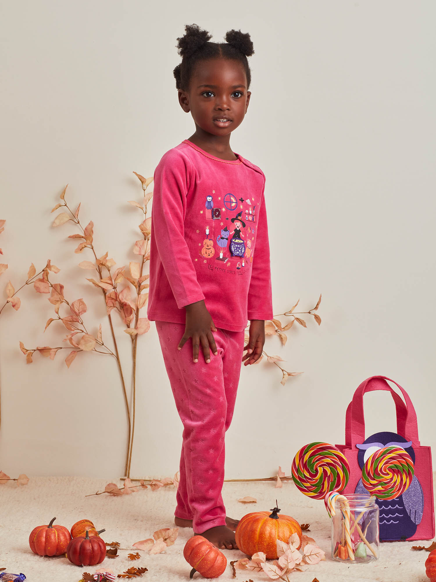 Ensemble pyjama rose phosphorescent motif Halloween et sac assorti enfant fille