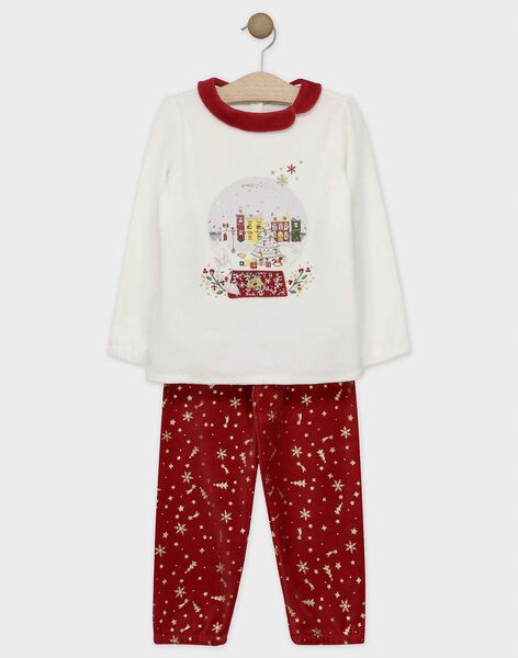 Pyjama En Velours Ecru Et Rouge Imprime Or Petite Fille