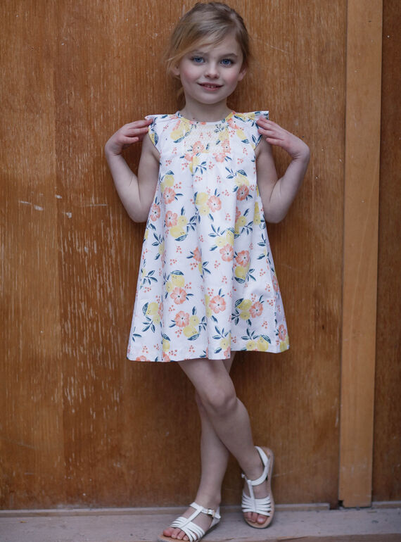 Robe évasée blanche imprimés citrons et fleurs enfant fille ZICITETTE / 21E2PFO1ROB000