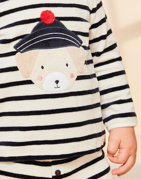 Pyjama deux pièces beige clair chiné en velours avec broderie tête de chien FEDOUDOU / 23E5BG21PYJA011