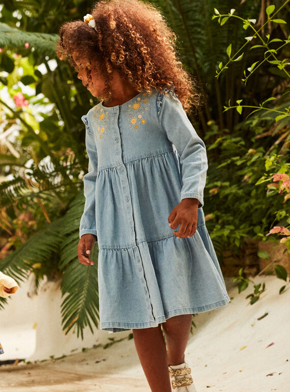 Robe en denim bleu à broderies fleuries FADENETTE / 23E2PF81ROBP272