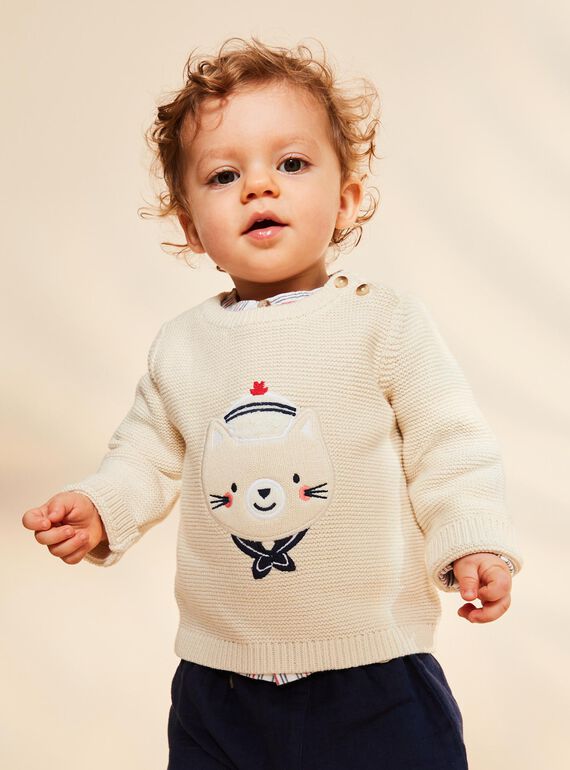 Pull beige chiné en tricot avec chat marin FAKAYDEN / 23E1BGC1PULA011