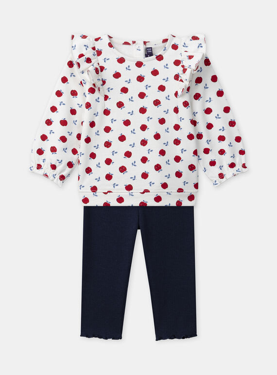 Ensemble sweat blanc imprimé pommes avec volants aux épaules et legging bleu marine Bébé Fille NAGERALDINE / 25H1BFM1ENS001