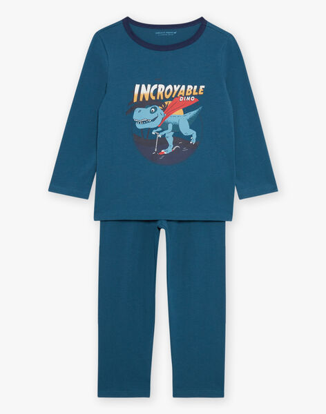 Pyjama deux pièces bleu canard en coton avec cape tête de dinosaure FLORIAGE3 / 23E5PG43PYT714