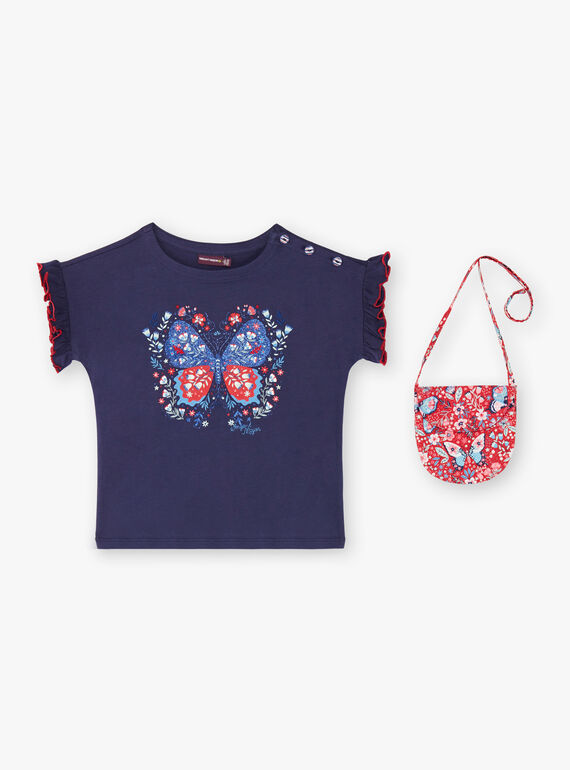 T-shirt bleu impression paillettes avec sacoche ZOTISETTE / 21E2PFB1TMC216