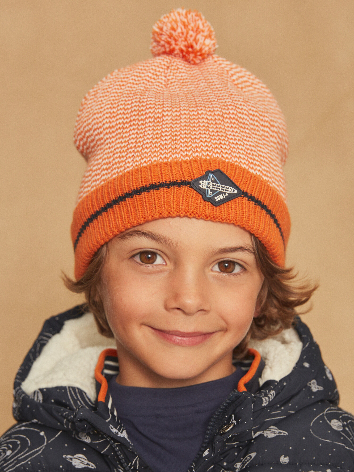 Bonnet a pompon orange en tricot Garcon Sergent Major