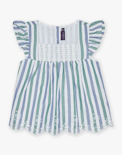 Blouse écrue volantée à rayures bleu et vert FURAYETTE / 23E2PFN1CHE001