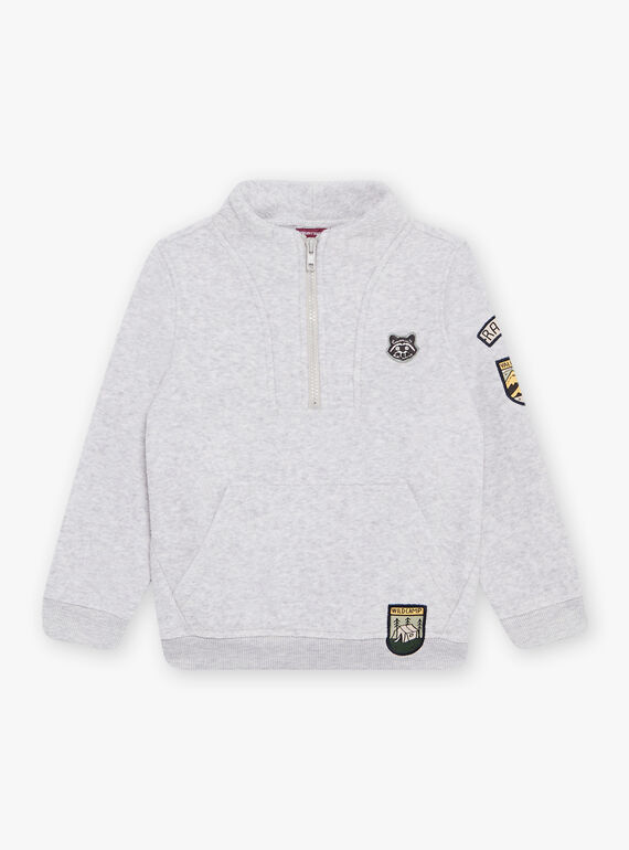 Pull gris chiné à poche kangourou DEBADGEAGE / 22H3PGR1PUL943