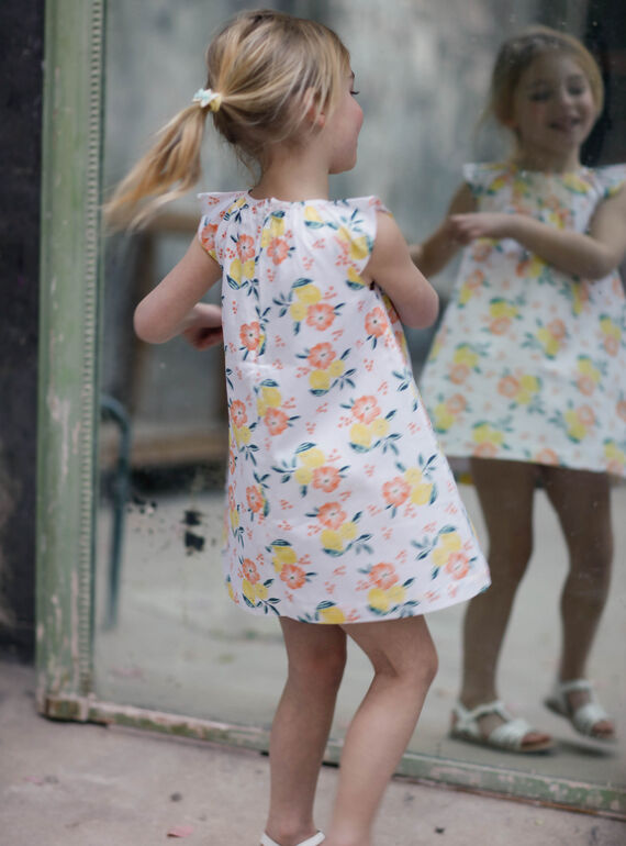 Robe évasée blanche imprimés citrons et fleurs enfant fille ZICITETTE / 21E2PFO1ROB000