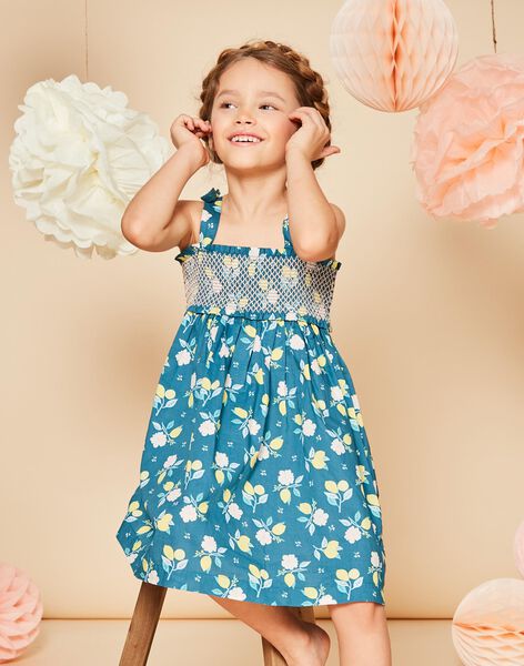 Robe courte à smock bleu canard à imprimé fleuri et citrons FRUSOLETTE 1 / 23E2PFX5RBS714