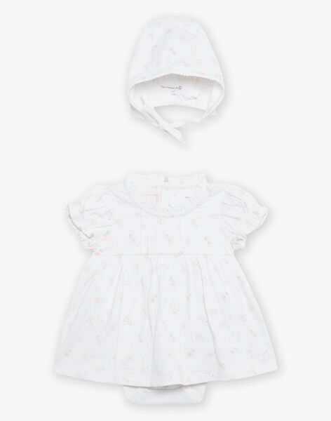 Robe et béguin de naissance blancs à imprimé fleurs FOLINA / 23E0CFT1ROB000