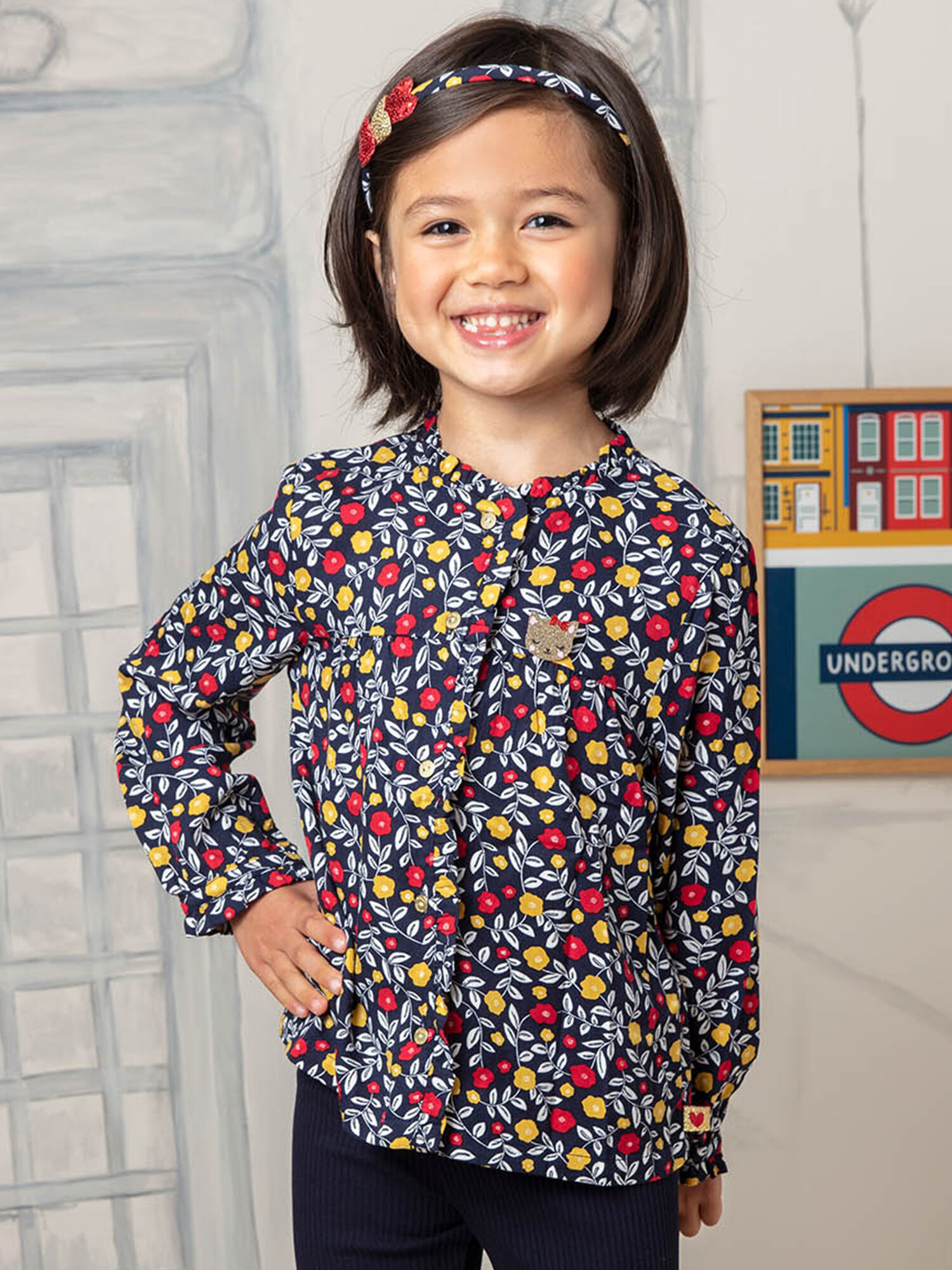 Chemisier bleu marine imprime fleuri enfant fille Fille Sergent Major
