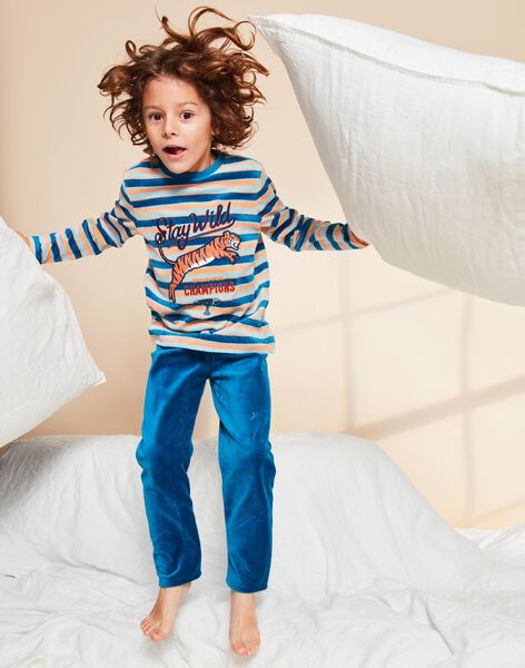 Ensemble pyjama bleu foncé en velours à rayures avec tigre FLORAYAGE / 23E5PG21PYJ202