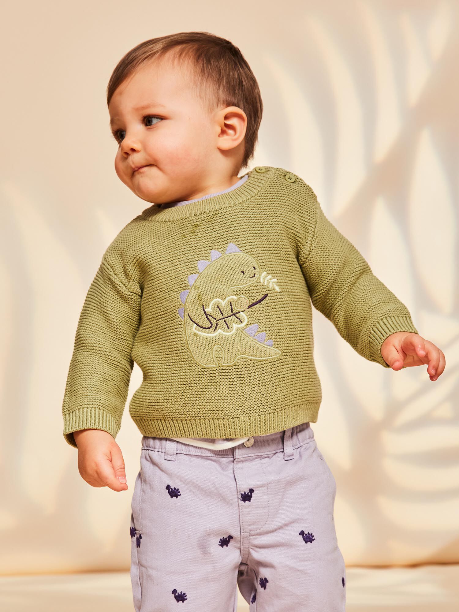 Pull kaki clair en tricot a broderie dinosaure Garcon Sergent Major