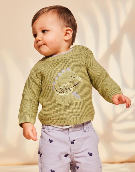 Pull kaki clair en tricot à broderie dinosaure FAOFLO / 23E1BGO1PUL612