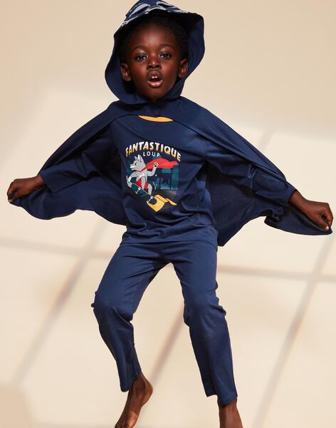 Pyjama deux pièces bleu foncé en coton avec cape tête de loup FLORIAGE2 / 23E5PG41PYT705