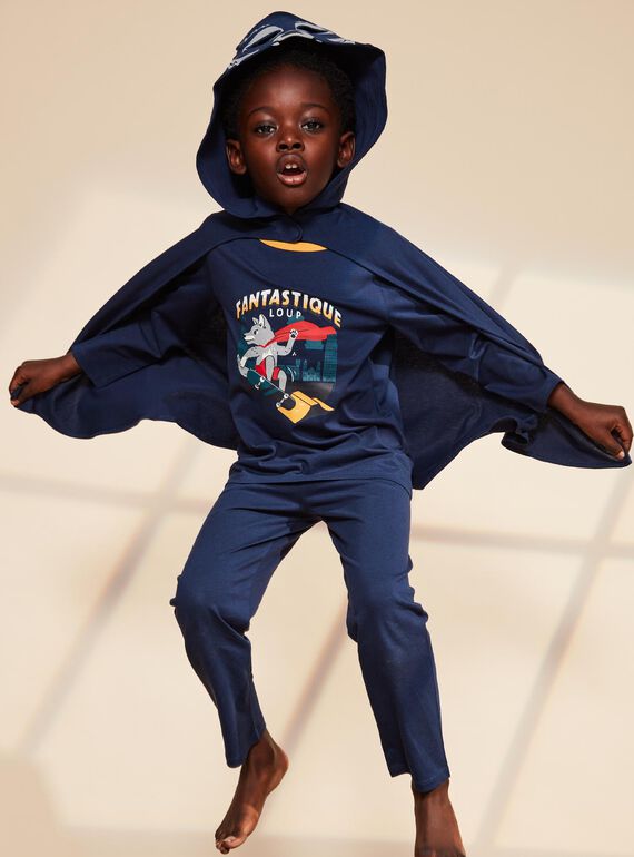Pyjama deux pièces bleu foncé en coton avec cape tête de loup FLORIAGE2 / 23E5PG41PYT705