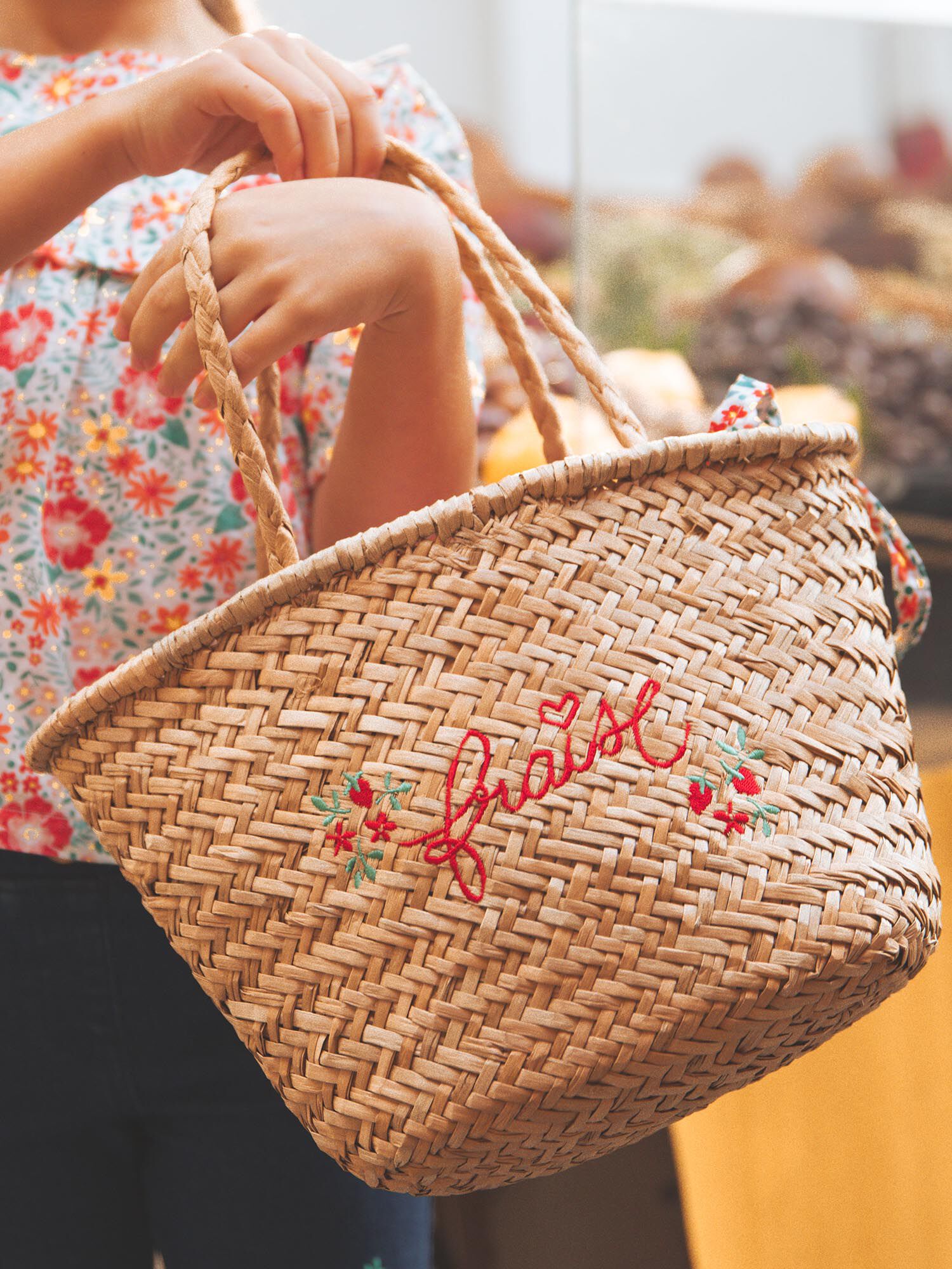 Sac panier en paille brod Fraise