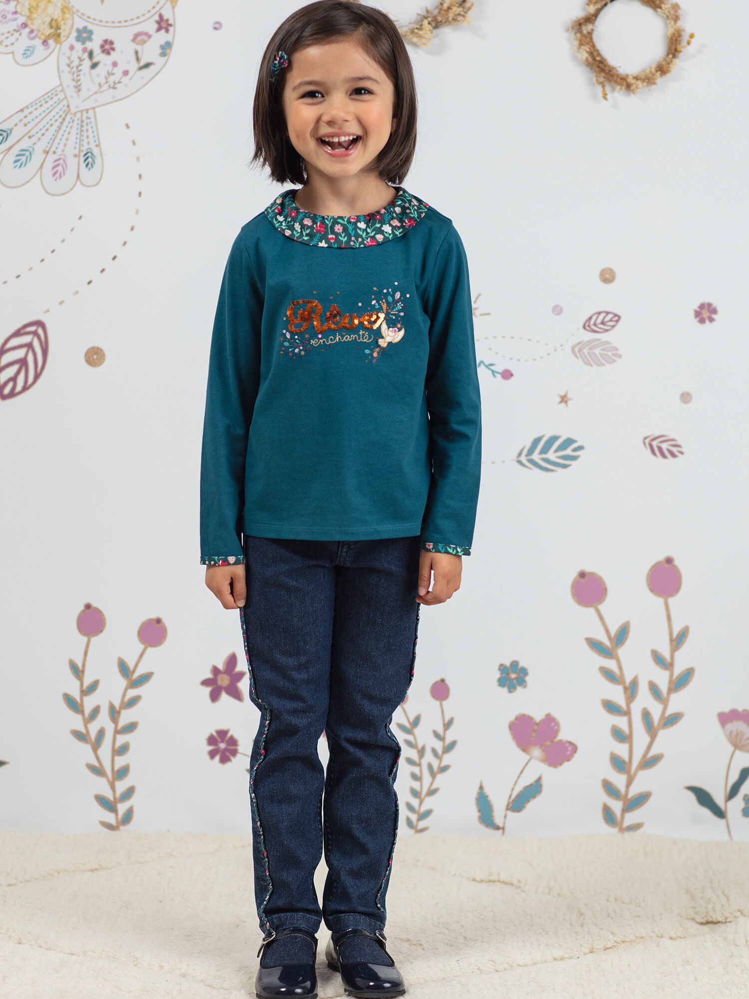 Jean brut d tails imprim fleuri enfant fille