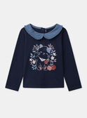 T-shirt bleu marine imprimé chat à col claudine et manches longues Fille NOBLUETTE / 25H2PFP1TML070