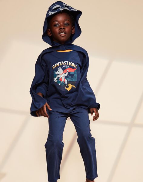 Pyjama deux pièces bleu foncé en coton avec cape tête de loup FLORIAGE2 / 23E5PG41PYT705