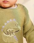Pull kaki clair en tricot à broderie dinosaure FAOFLO / 23E1BGO1PUL612