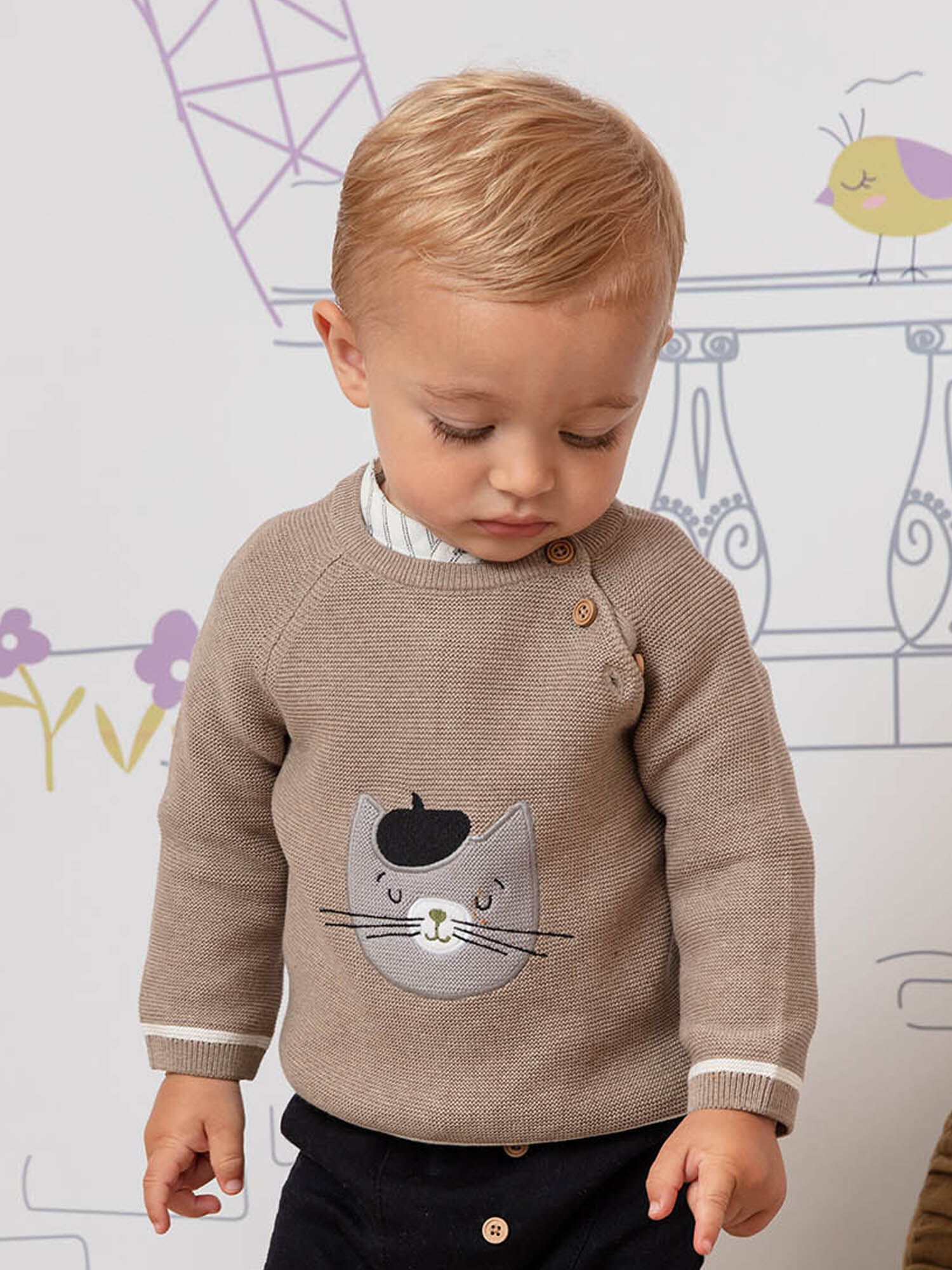 Pull beige chine motif chat bebe garcon Garcon Sergent Major