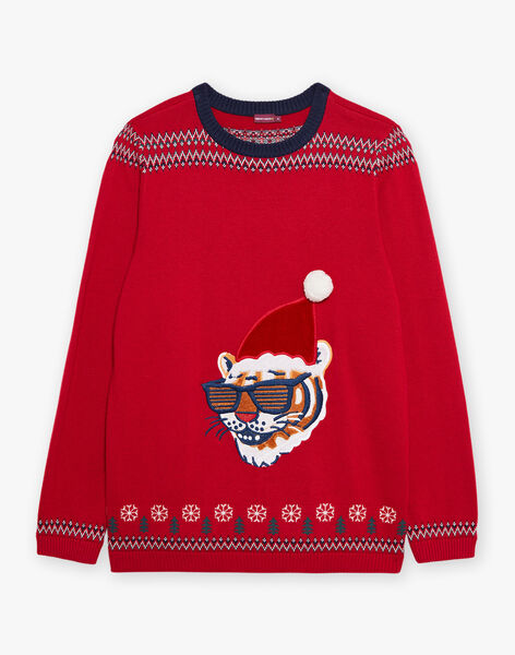 Pull de Noël rouge en tricot à motif tigre DOPULAGEM / 22H3GH91PULF528