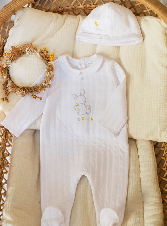 Ensemble grenouillère blanche brodée et bonnet naissance mixte ZOCHARLIE_B / 21E0NMY1GRE000