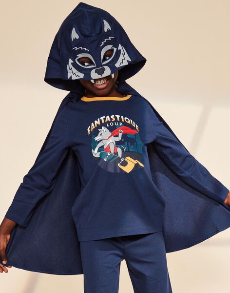 Pyjama deux pièces bleu foncé en coton avec cape tête de loup FLORIAGE2 / 23E5PG41PYT705