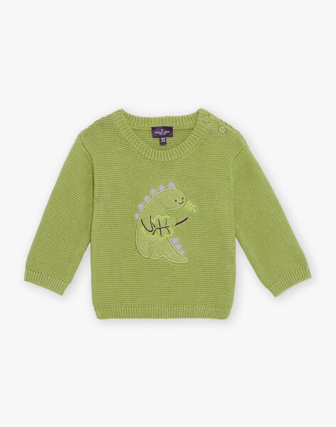 Pull kaki clair en tricot à broderie dinosaure FAOFLO / 23E1BGO1PUL612