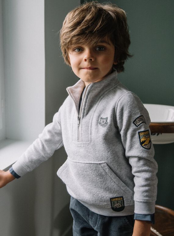 Pull gris chiné à poche kangourou DEBADGEAGE / 22H3PGR1PUL943