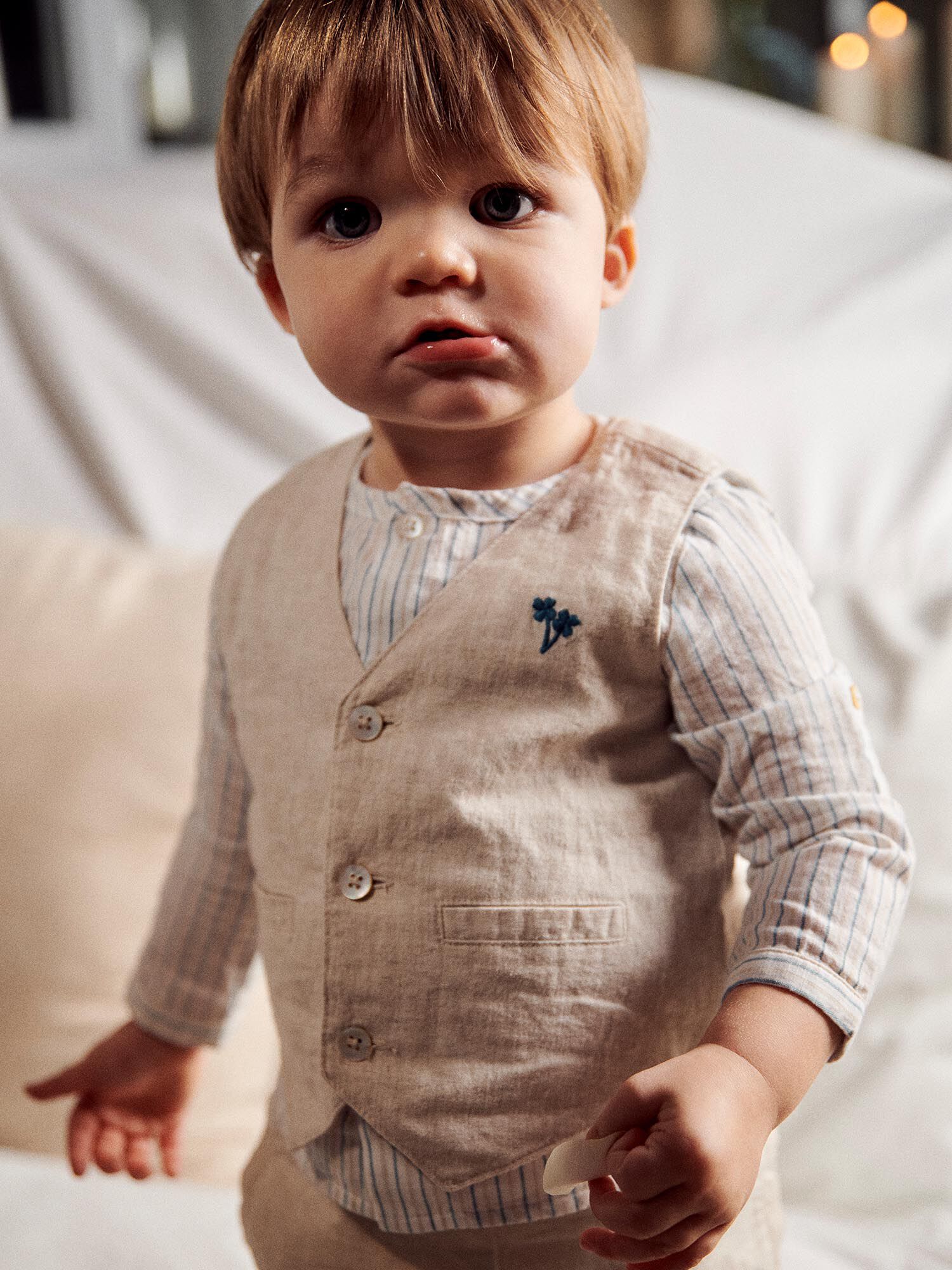 Veste beige sans manches en lin Garcon Sergent Major