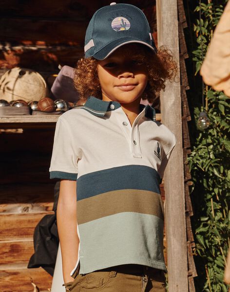 Polo piqué écru à rayures bleu marine, gris et kaki FLAPOLAGE / 23E3PGO1POL001
