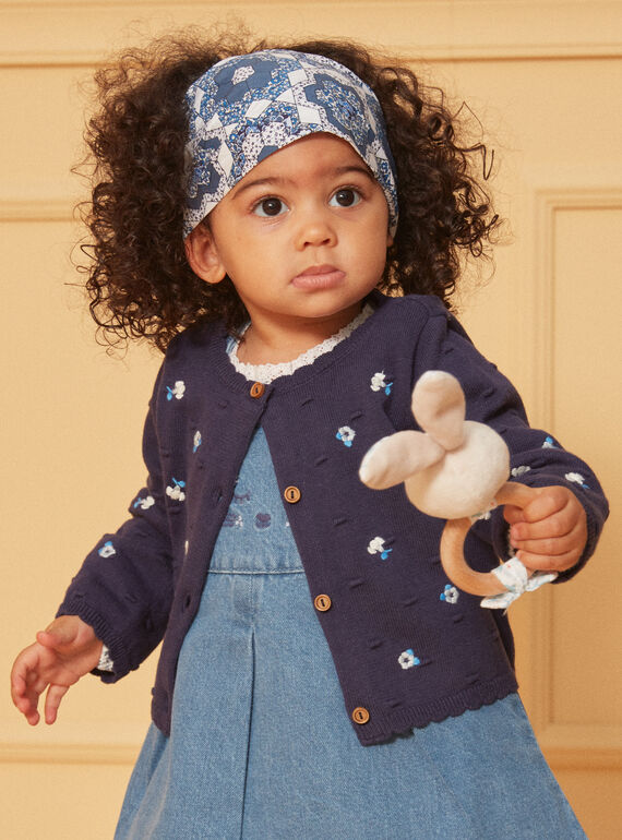 Cardigan bleu marine texturé à fleurs brodées LACORRINE / 24H1BFJ2CAR070