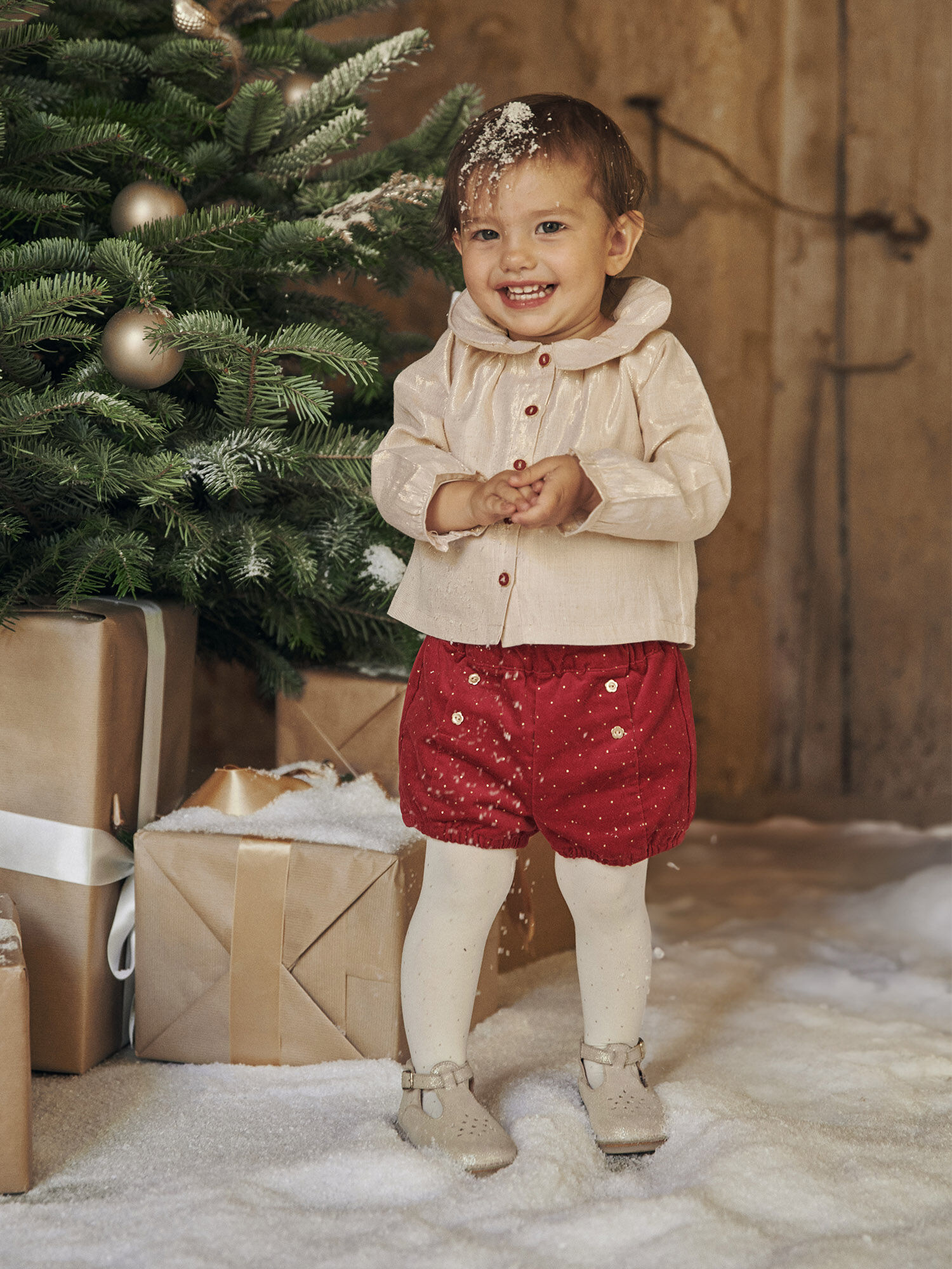 Ensemble blouse et short en velours dore et rouge Fille Sergent Major