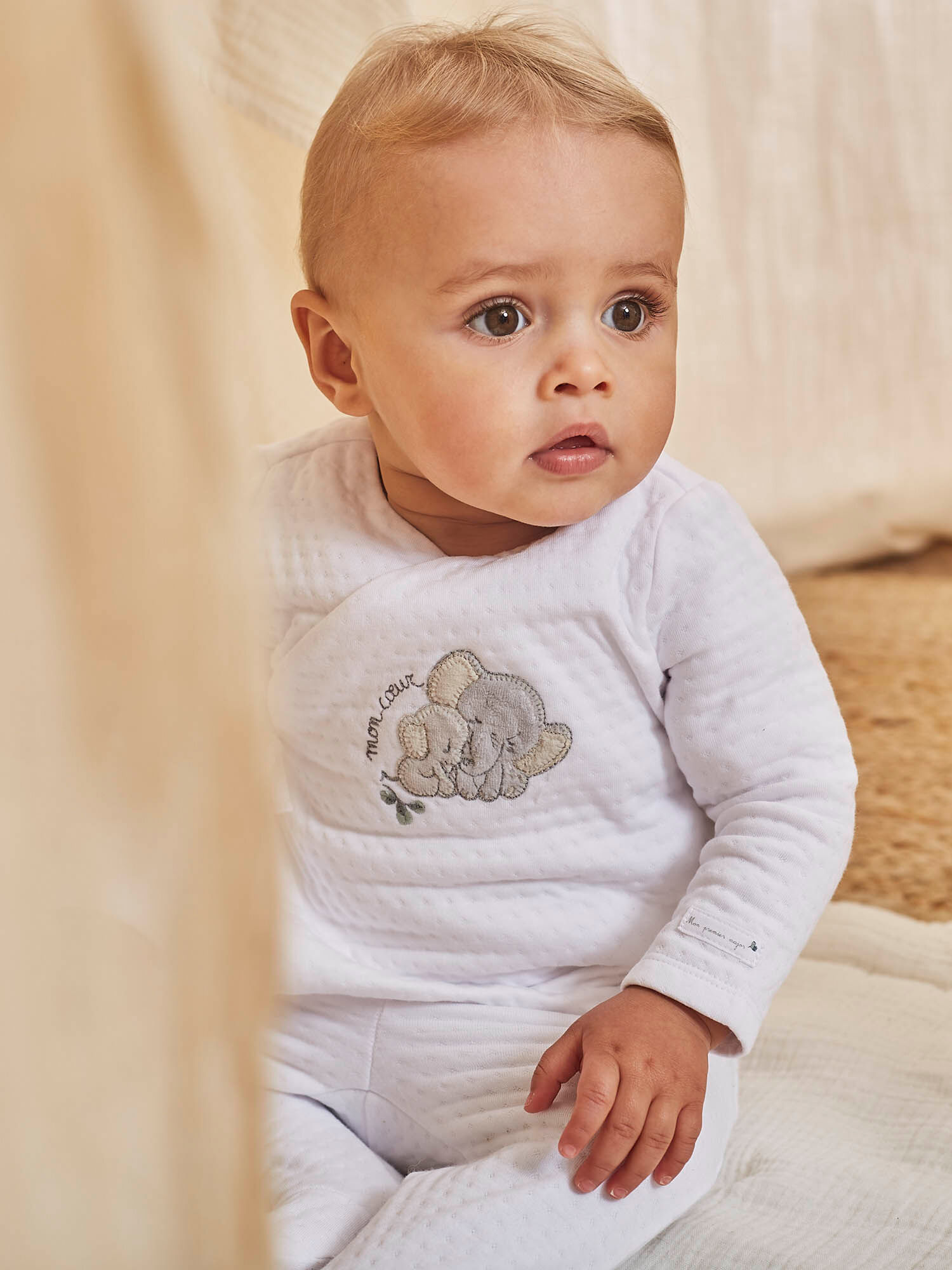 Pyjama en coton blanc a motifs elephants naissance mixte Sergent Major
