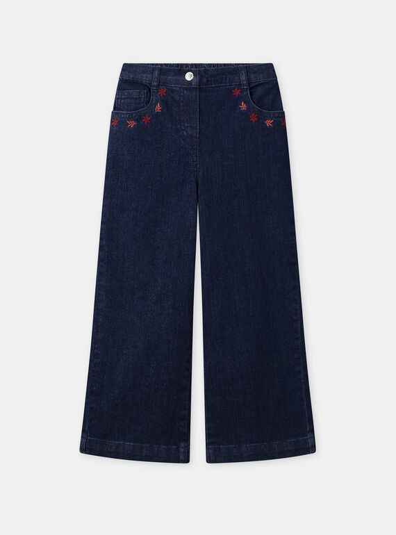 Jean wide leg bleu foncé à poches brodées floral Fille NEJINETTE / 25H2PFK1JEAP271