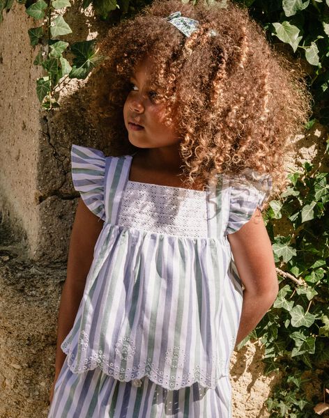 Blouse écrue volantée à rayures bleu et vert FURAYETTE / 23E2PFN1CHE001