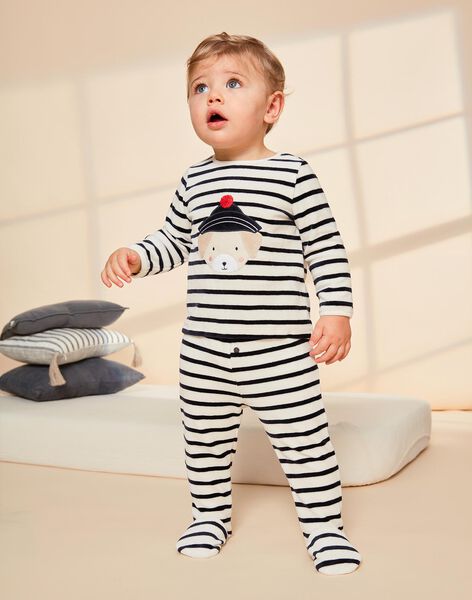 Pyjama deux pièces beige clair chiné en velours avec broderie tête de chien FEDOUDOU / 23E5BG21PYJA011