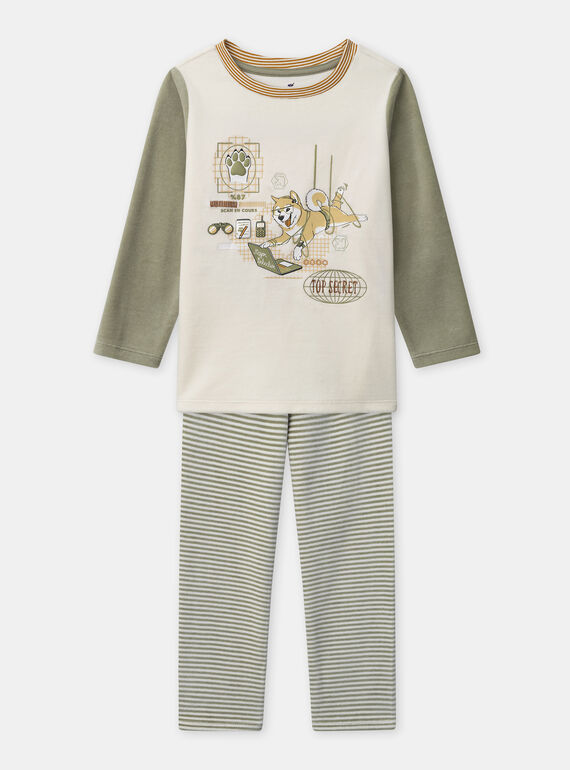Pyjama écru et vert kaki en velours imprimé chien Garçon NUISPIAGE / 25H5PGB3PYJ005