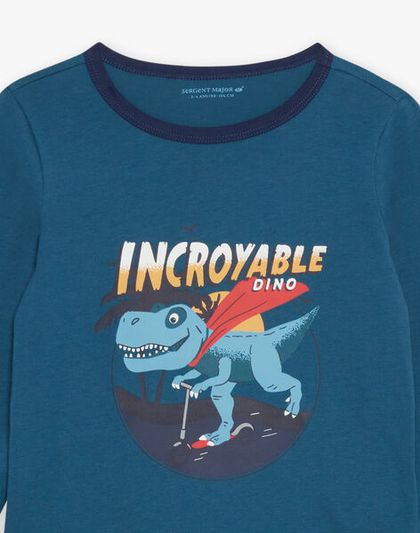 Pyjama deux pièces bleu canard en coton avec cape tête de dinosaure FLORIAGE3 / 23E5PG43PYT714