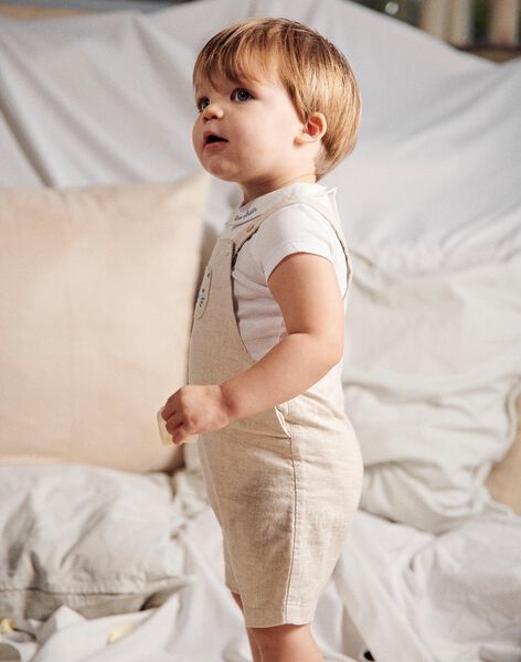 Salopette courte beige en lin et body écru FAEMILIEN / 23E1BGI1ENS000