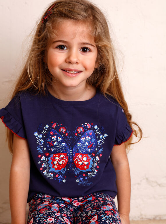 T-shirt bleu impression paillettes avec sacoche ZOTISETTE / 21E2PFB1TMC216