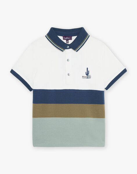 Polo piqué écru à rayures bleu marine, gris et kaki FLAPOLAGE / 23E3PGO1POL001