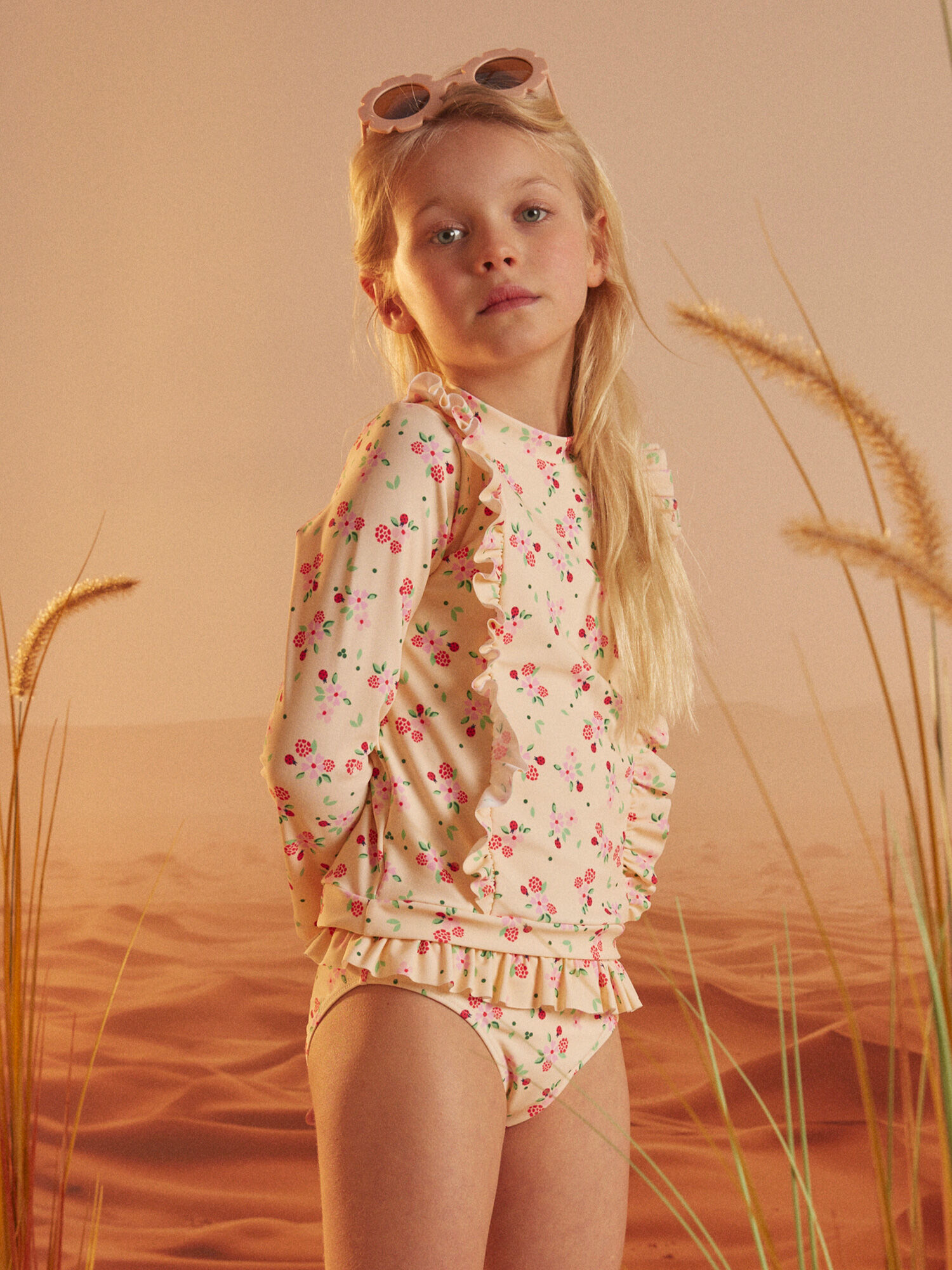 Ensemble maillot de bain 2 pieces ecru a imprime fleuri Fille Sergent Major