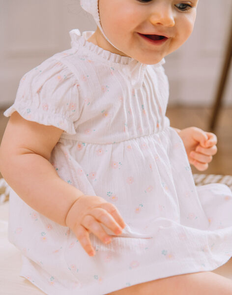 Robe et béguin de naissance blancs à imprimé fleurs FOLINA / 23E0CFT1ROB000